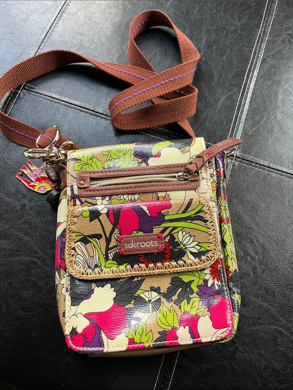 Sakroots Floral Crossbody in Pink, Green, Purple and Brown